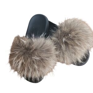 Women's Black and Brown Faux Fur Slides